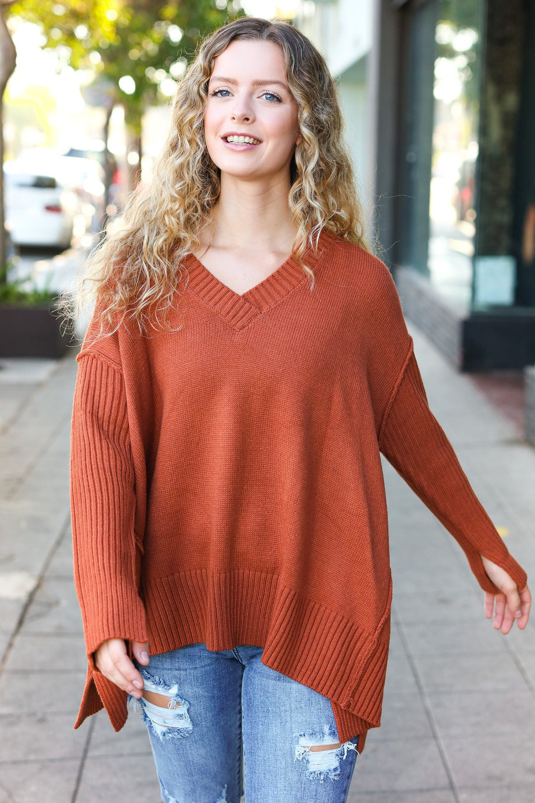 Casual Chic Rust Oversized V Neck Rib Knit Sweater-Haptics-[option4]-[option5]-[option6]-[option7]-[option8]-Shop-Boutique-Clothing-for-Women-Online