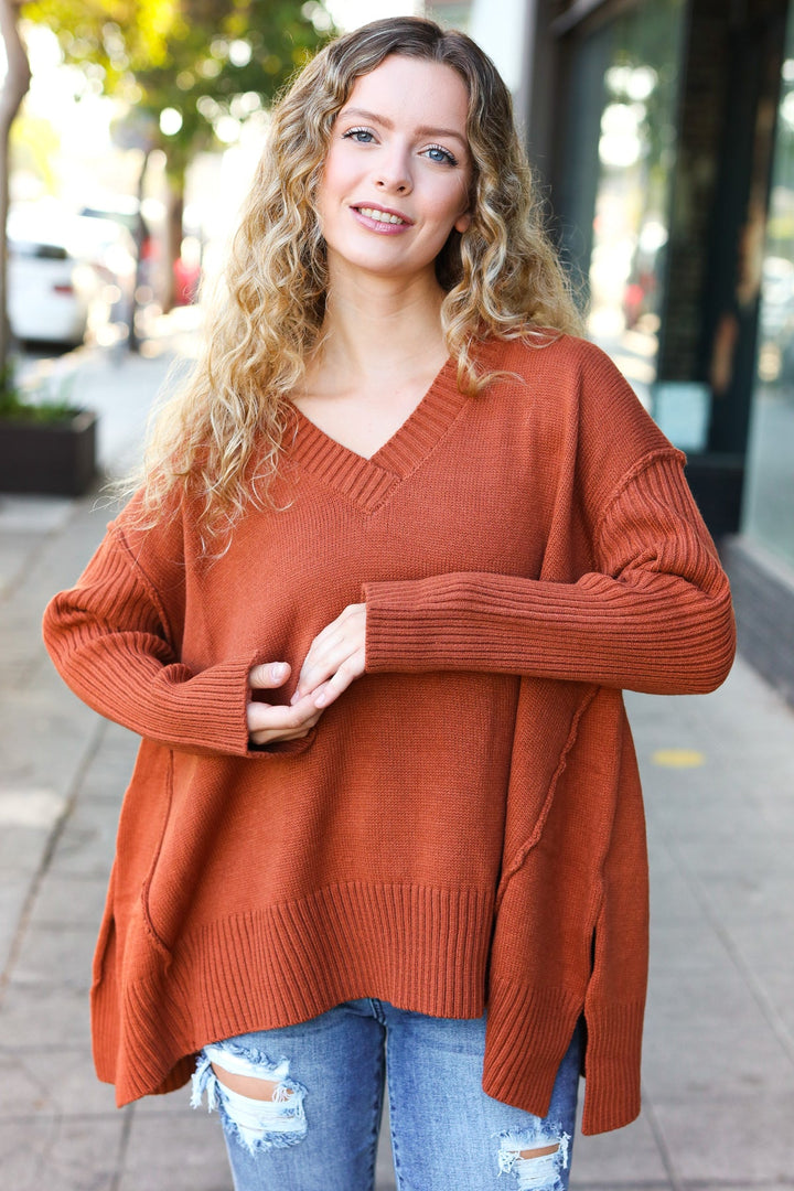 Casual Chic Rust Oversized V Neck Rib Knit Sweater-Haptics-[option4]-[option5]-[option6]-[option7]-[option8]-Shop-Boutique-Clothing-for-Women-Online