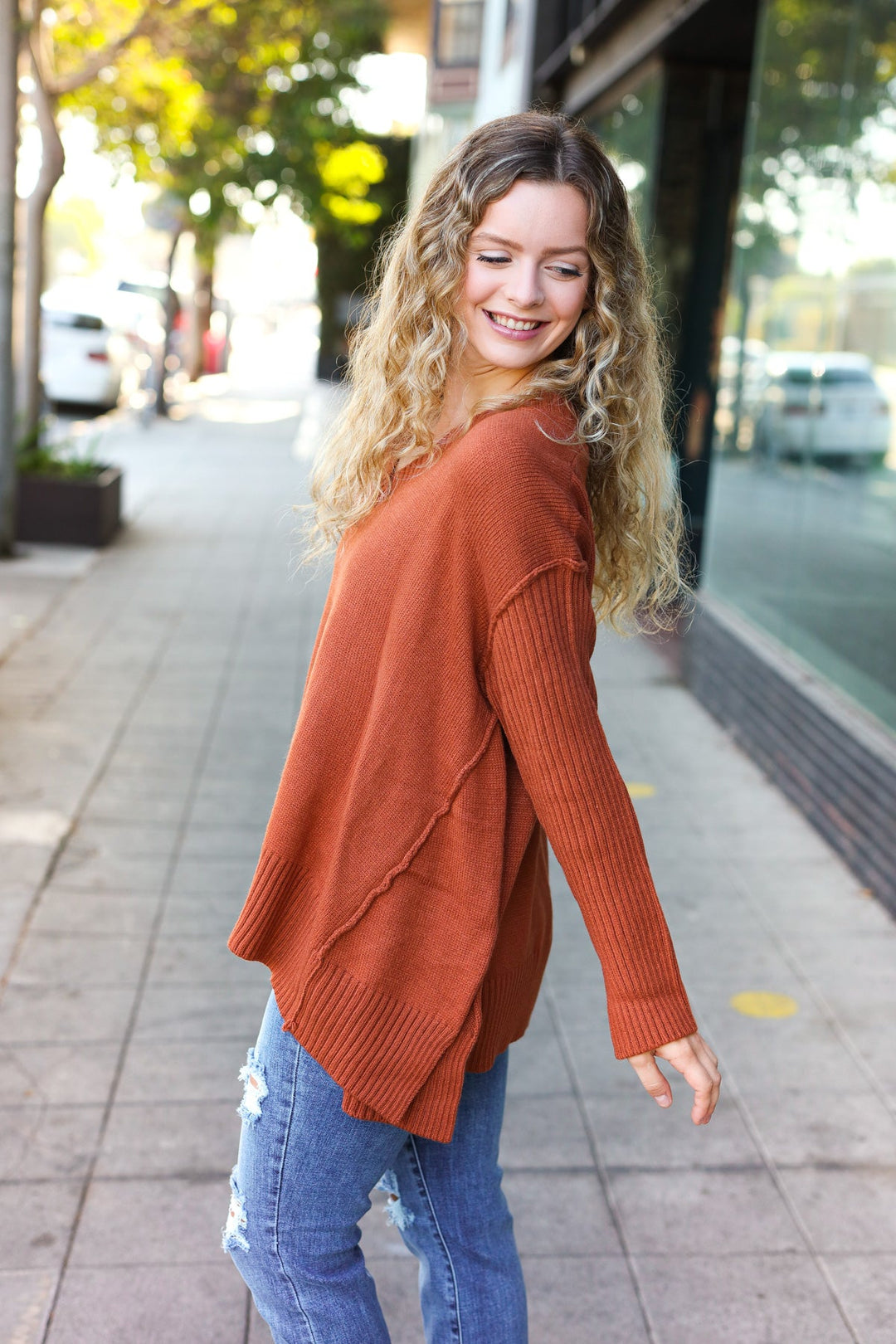 Casual Chic Rust Oversized V Neck Rib Knit Sweater-Haptics-[option4]-[option5]-[option6]-[option7]-[option8]-Shop-Boutique-Clothing-for-Women-Online