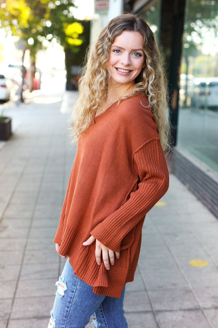 Casual Chic Rust Oversized V Neck Rib Knit Sweater-Haptics-[option4]-[option5]-[option6]-[option7]-[option8]-Shop-Boutique-Clothing-for-Women-Online