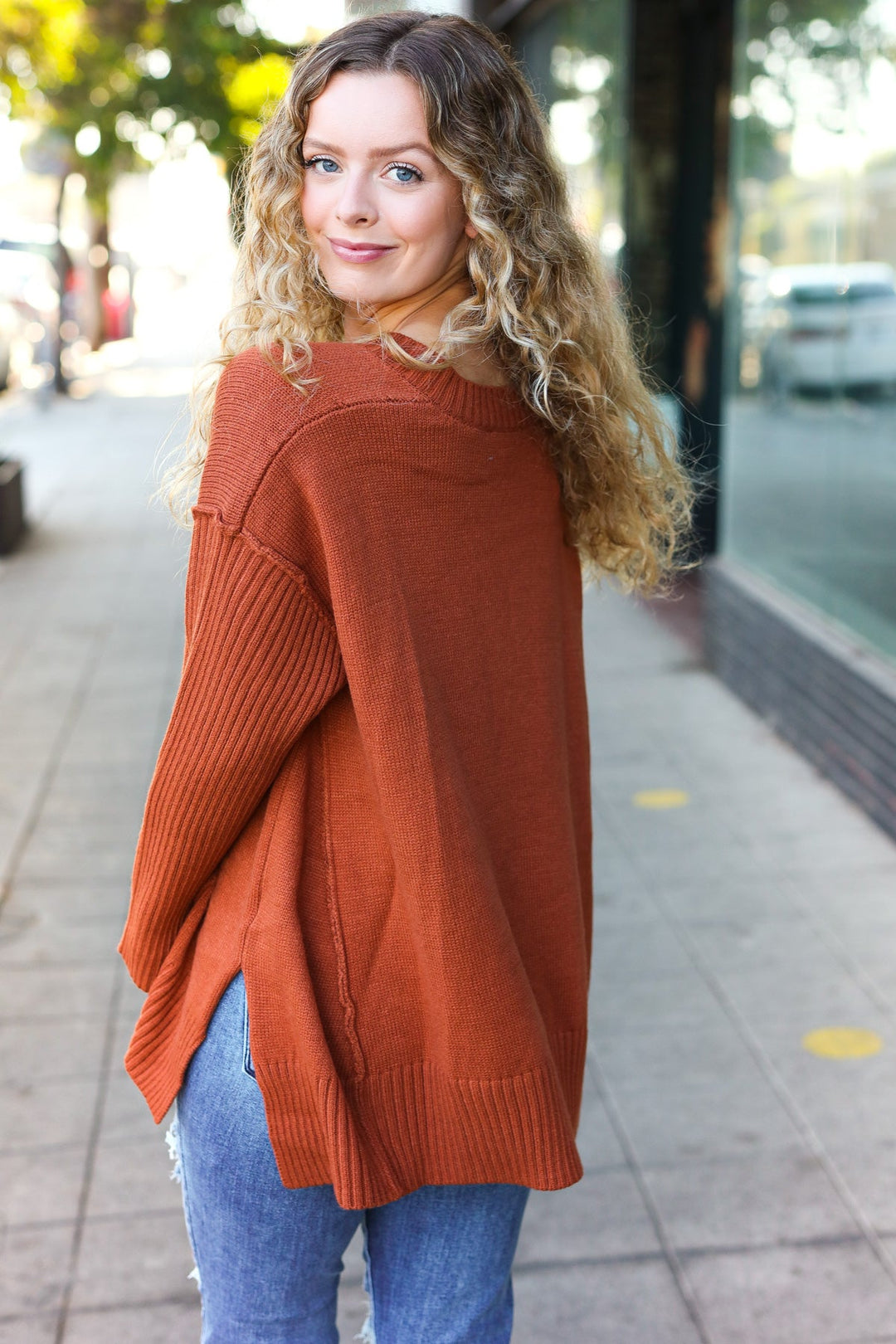 Casual Chic Rust Oversized V Neck Rib Knit Sweater-Haptics-[option4]-[option5]-[option6]-[option7]-[option8]-Shop-Boutique-Clothing-for-Women-Online