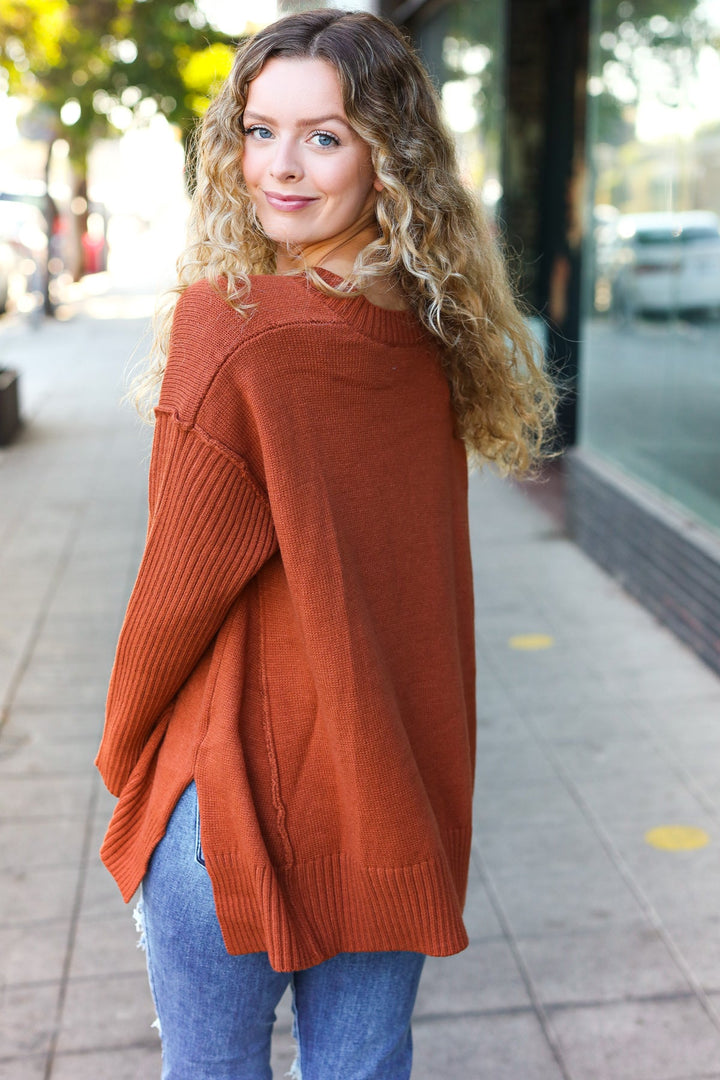 Casual Chic Rust Oversized V Neck Rib Knit Sweater-Haptics-[option4]-[option5]-[option6]-[option7]-[option8]-Shop-Boutique-Clothing-for-Women-Online