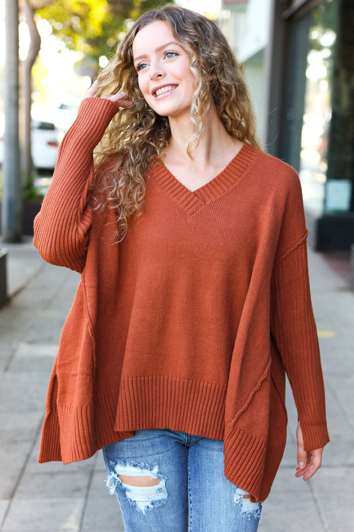 Casual Chic Rust Oversized V Neck Rib Knit Sweater-Haptics-[option4]-[option5]-[option6]-[option7]-[option8]-Shop-Boutique-Clothing-for-Women-Online