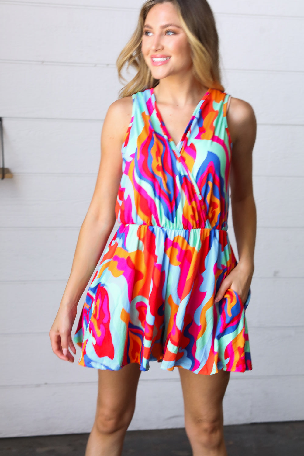 Vibrant Multicolor Abstract Sleeveless Surplice Romper-Haptics-[option4]-[option5]-[option6]-[option7]-[option8]-Shop-Boutique-Clothing-for-Women-Online