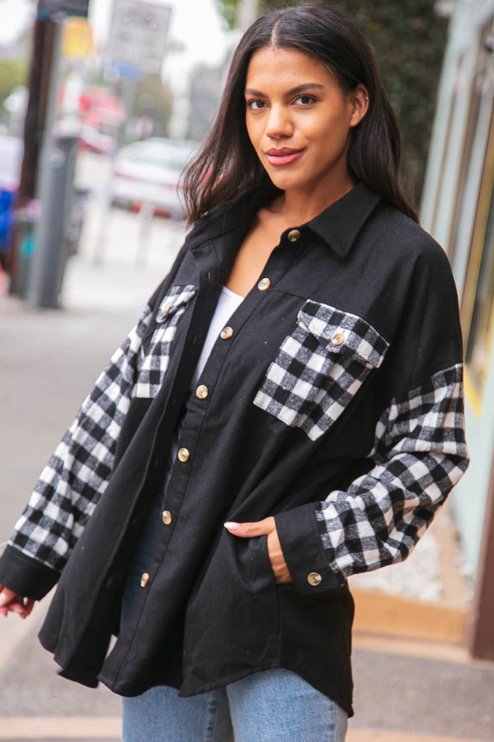 Buffalo Plaid Color Black Button Down Jacket-Haptics-[option4]-[option5]-[option6]-[option7]-[option8]-Shop-Boutique-Clothing-for-Women-Online