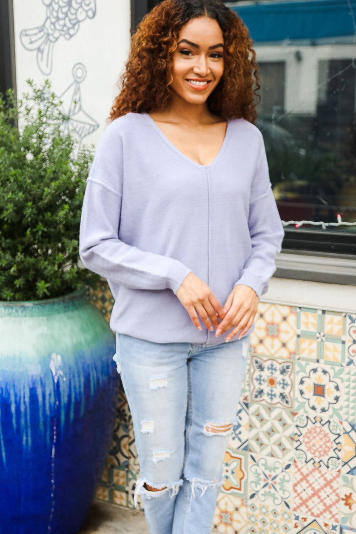 Feeling Femme Light Blue Brushed Knit V Neck Outseam Stitch Pullover-Reborn J-[option4]-[option5]-[option6]-[option7]-[option8]-Shop-Boutique-Clothing-for-Women-Online