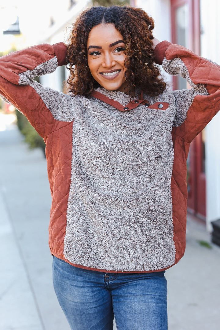 Beautiful You Brown Sherpa Quilted Snap Button Pullover-Hem & Thread-[option4]-[option5]-[option6]-[option7]-[option8]-Shop-Boutique-Clothing-for-Women-Online