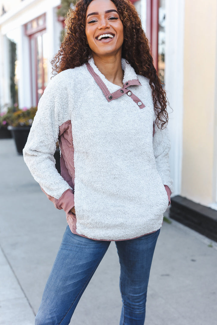 Beautiful You Ivory Sherpa Quilted Snap Button Pullover-Hem & Thread-[option4]-[option5]-[option6]-[option7]-[option8]-Shop-Boutique-Clothing-for-Women-Online