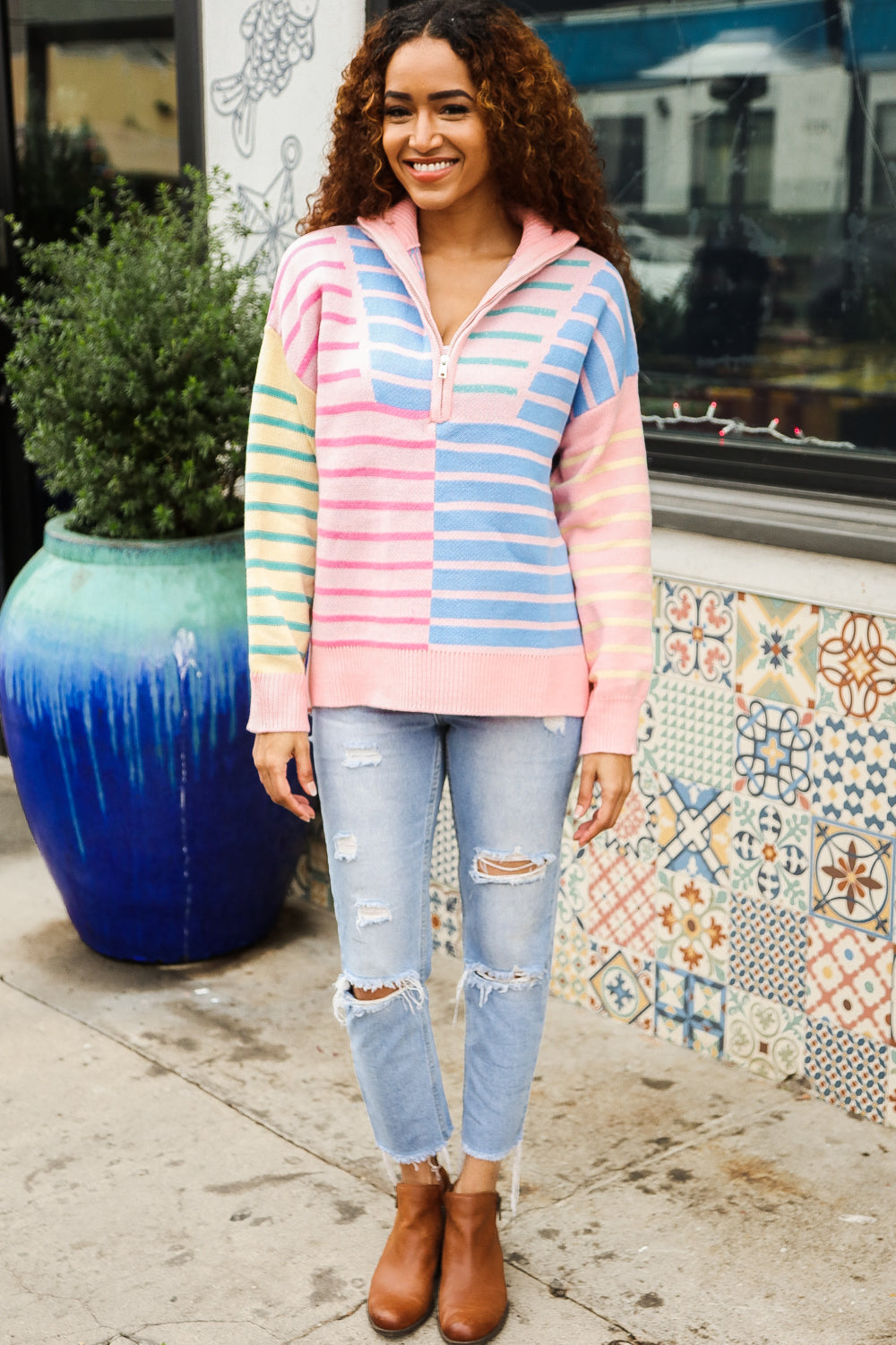 Perfectly Poised Blush & Blue Stripe Half Zip Up Oversized Sweater-Haptics-[option4]-[option5]-[option6]-[option7]-[option8]-Shop-Boutique-Clothing-for-Women-Online