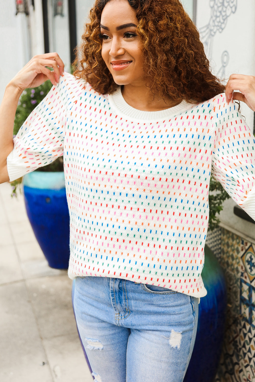 Spread Joy Ivory & Multicolor Jacquard Bubble Sleeve Sweater-Haptics-[option4]-[option5]-[option6]-[option7]-[option8]-Shop-Boutique-Clothing-for-Women-Online