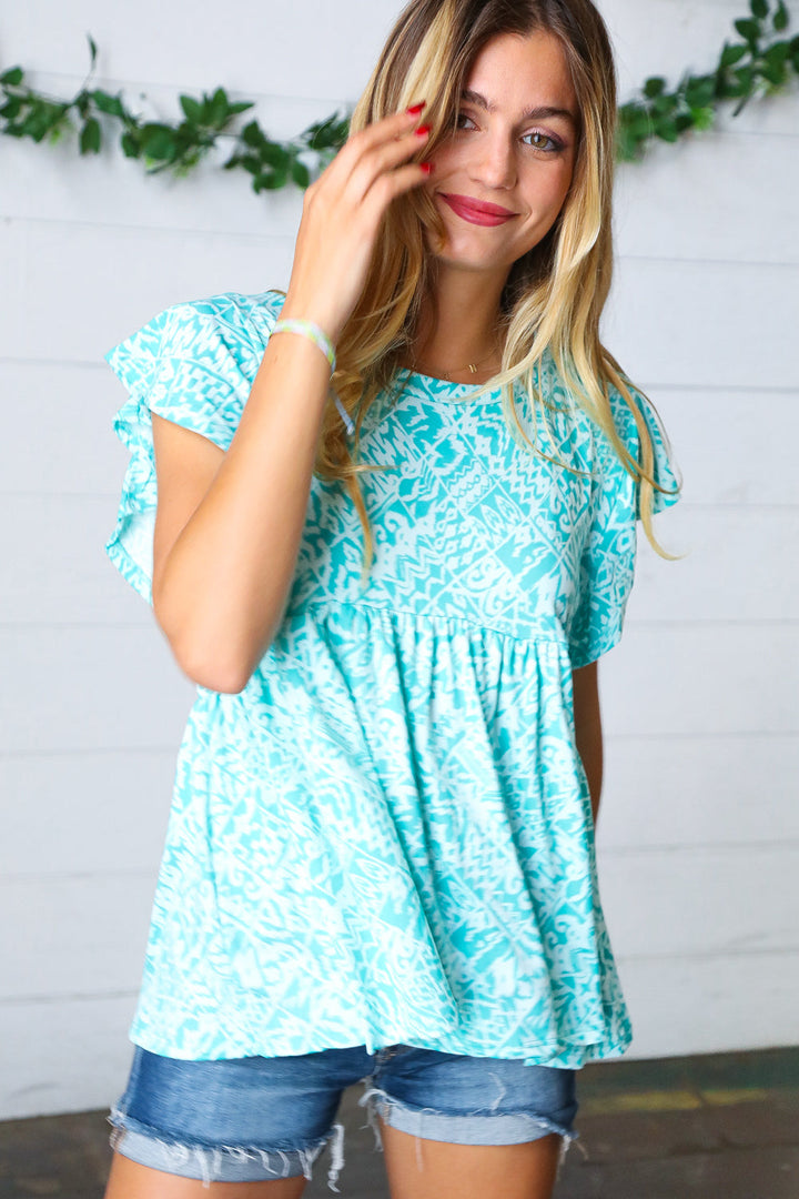 Aqua Boho Print Ruffle Short Sleeve Babydoll Top-Haptics-[option4]-[option5]-[option6]-[option7]-[option8]-Shop-Boutique-Clothing-for-Women-Online