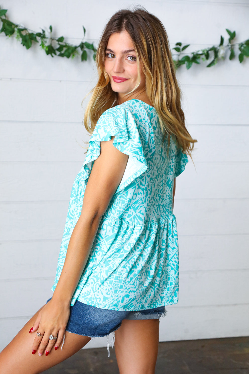 Aqua Boho Print Ruffle Short Sleeve Babydoll Top-Haptics-[option4]-[option5]-[option6]-[option7]-[option8]-Shop-Boutique-Clothing-for-Women-Online