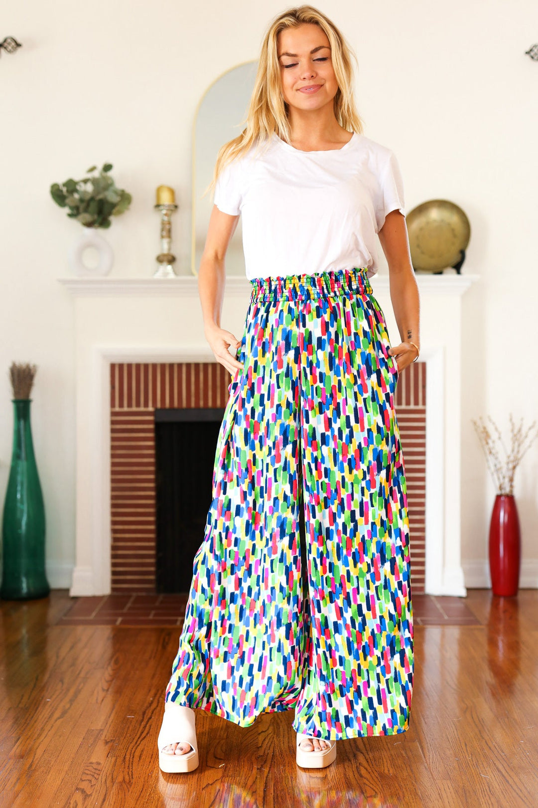 Stand Out Navy & Green Abstract Print Smocked Waist Palazzo Pants-Haptics-[option4]-[option5]-[option6]-[option7]-[option8]-Shop-Boutique-Clothing-for-Women-Online