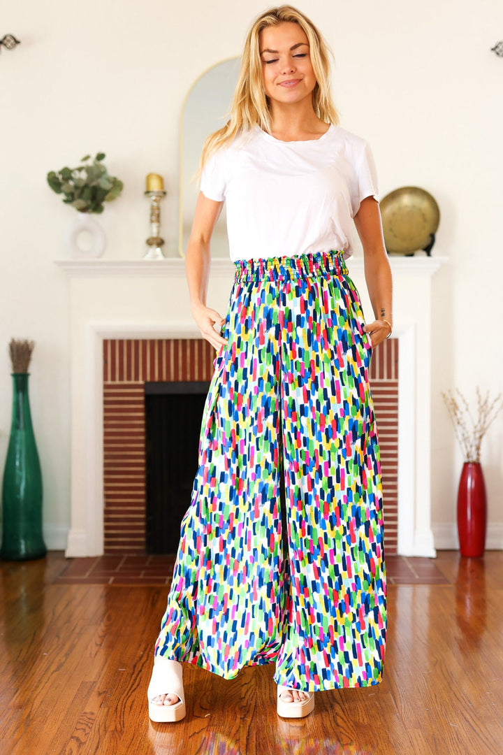 Stand Out Navy & Green Abstract Print Smocked Waist Palazzo Pants-Haptics-[option4]-[option5]-[option6]-[option7]-[option8]-Shop-Boutique-Clothing-for-Women-Online