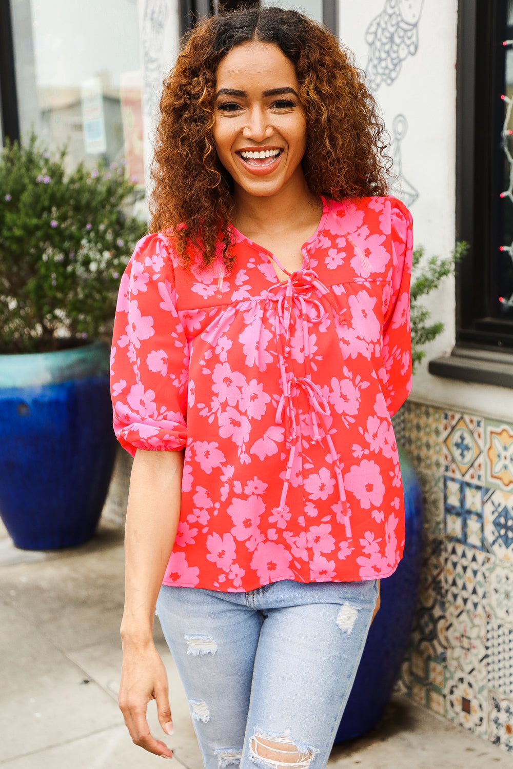 New Day Red Ribbon Bow Detail Floral Woven Blouse-Haptics-[option4]-[option5]-[option6]-[option7]-[option8]-Shop-Boutique-Clothing-for-Women-Online