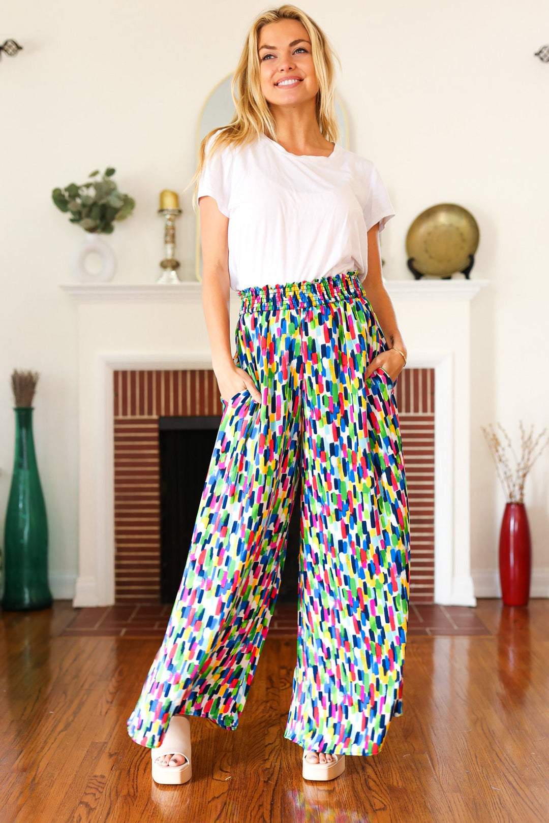 Stand Out Navy & Green Abstract Print Smocked Waist Palazzo Pants-Haptics-[option4]-[option5]-[option6]-[option7]-[option8]-Shop-Boutique-Clothing-for-Women-Online