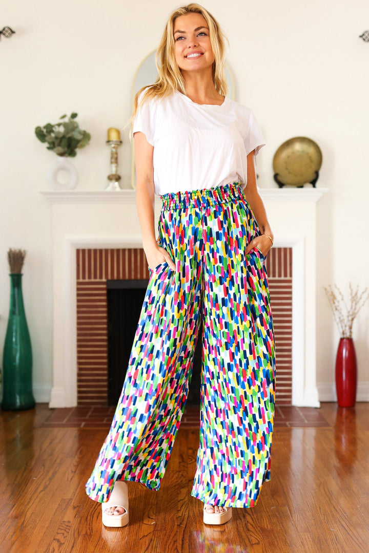 Stand Out Navy & Green Abstract Print Smocked Waist Palazzo Pants-Haptics-[option4]-[option5]-[option6]-[option7]-[option8]-Shop-Boutique-Clothing-for-Women-Online