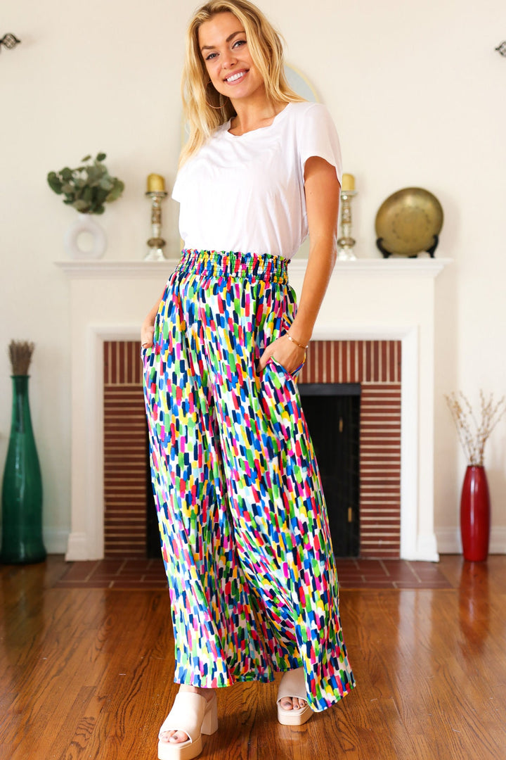 Stand Out Navy & Green Abstract Print Smocked Waist Palazzo Pants-Haptics-[option4]-[option5]-[option6]-[option7]-[option8]-Shop-Boutique-Clothing-for-Women-Online