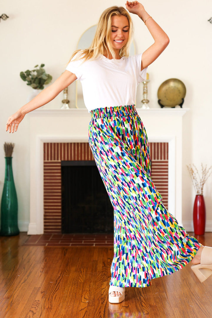 Stand Out Navy & Green Abstract Print Smocked Waist Palazzo Pants-Haptics-[option4]-[option5]-[option6]-[option7]-[option8]-Shop-Boutique-Clothing-for-Women-Online