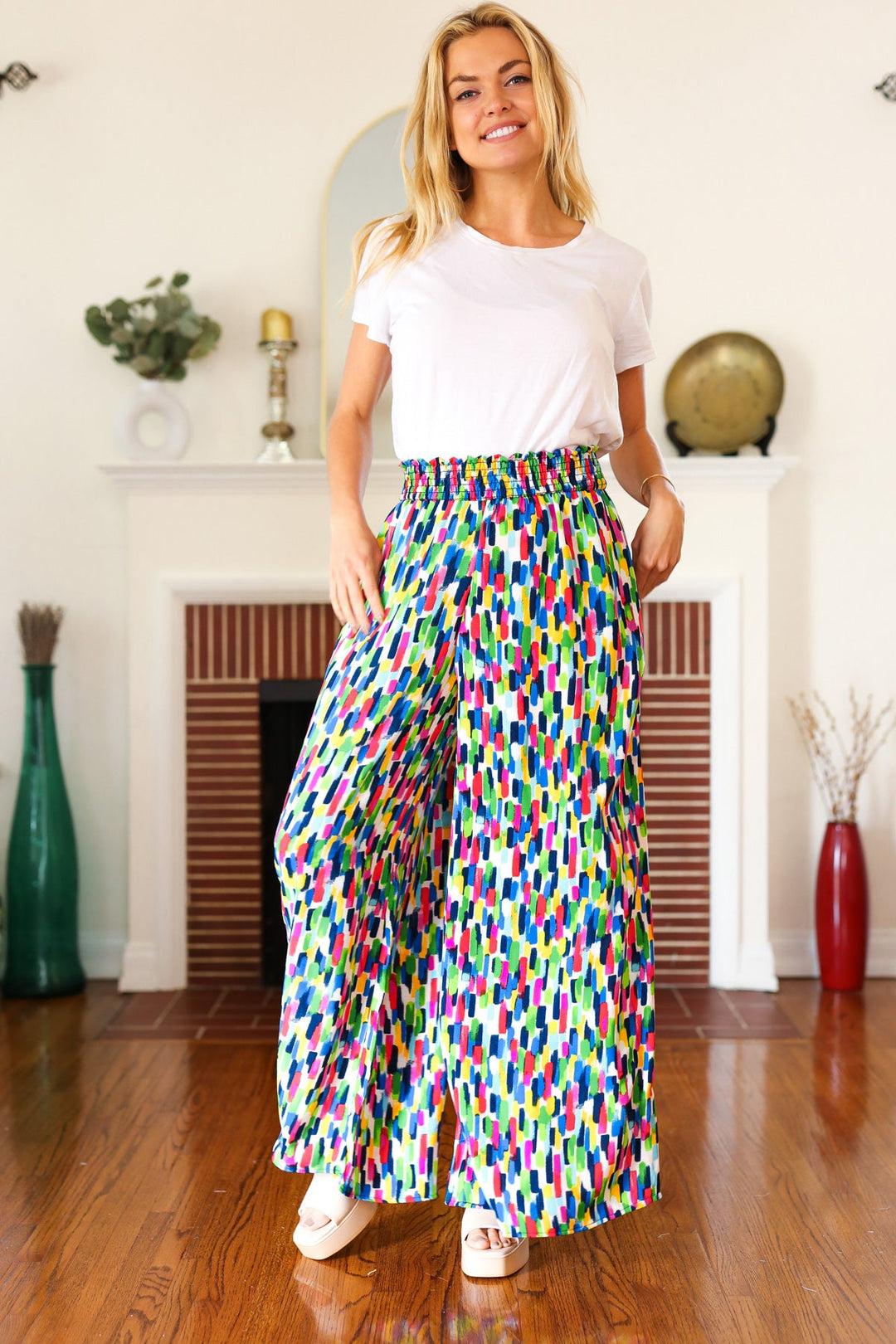 Stand Out Navy & Green Abstract Print Smocked Waist Palazzo Pants-Haptics-[option4]-[option5]-[option6]-[option7]-[option8]-Shop-Boutique-Clothing-for-Women-Online