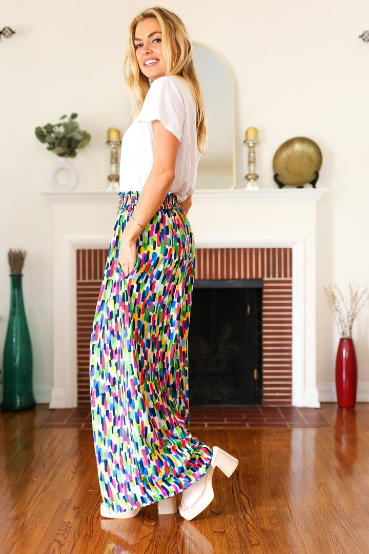 Stand Out Navy & Green Abstract Print Smocked Waist Palazzo Pants-Haptics-[option4]-[option5]-[option6]-[option7]-[option8]-Shop-Boutique-Clothing-for-Women-Online