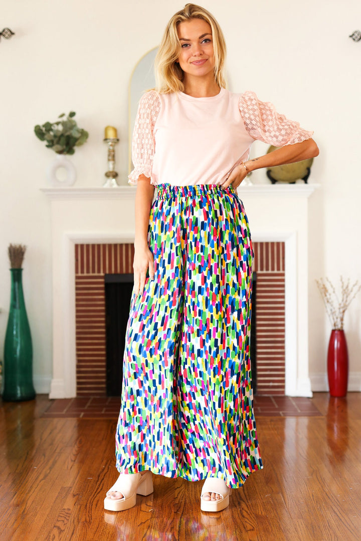 Stand Out Navy & Green Abstract Print Smocked Waist Palazzo Pants-Haptics-[option4]-[option5]-[option6]-[option7]-[option8]-Shop-Boutique-Clothing-for-Women-Online