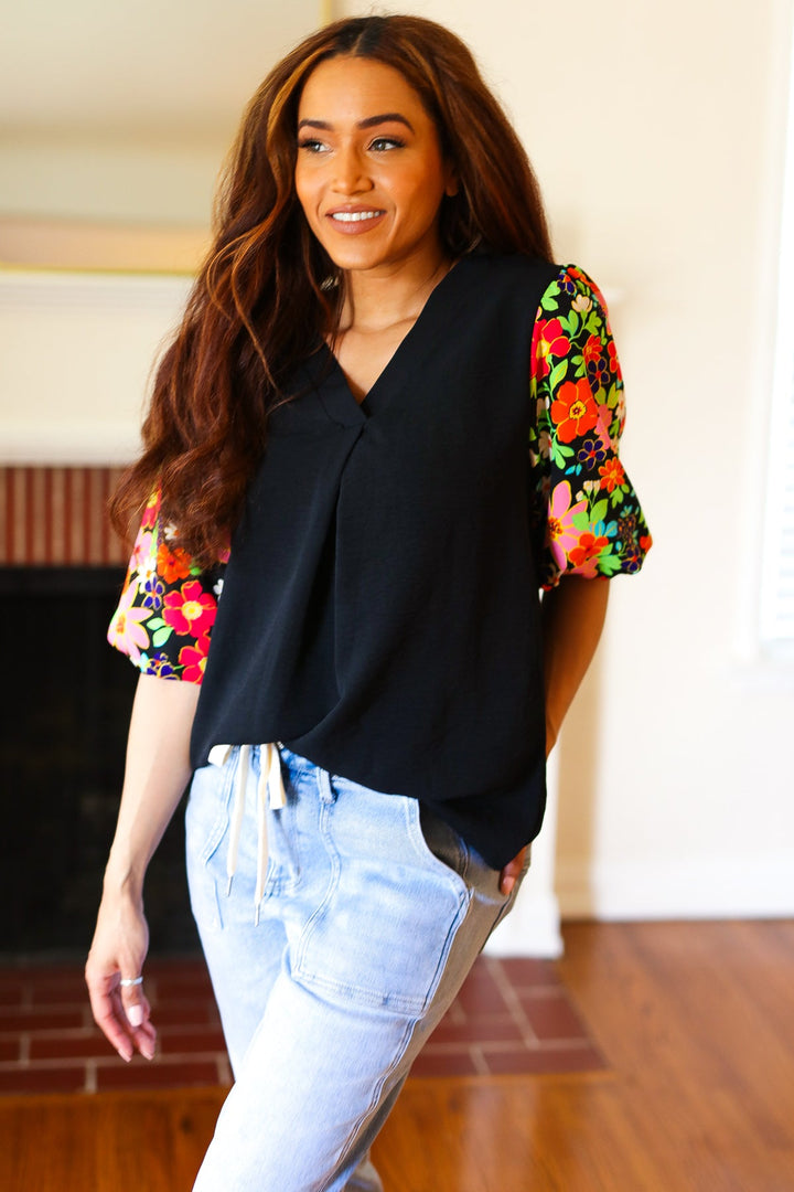 Eyes On You Black Floral Puff Sleeve V Neck Top-Haptics-[option4]-[option5]-[option6]-[option7]-[option8]-Shop-Boutique-Clothing-for-Women-Online