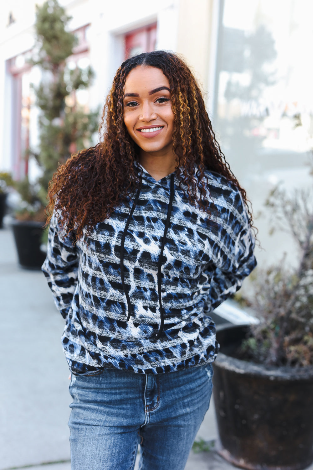 Casual Chic Blue & Black Animal Print Stripe Hoodie-First Love-[option4]-[option5]-[option6]-[option7]-[option8]-Shop-Boutique-Clothing-for-Women-Online