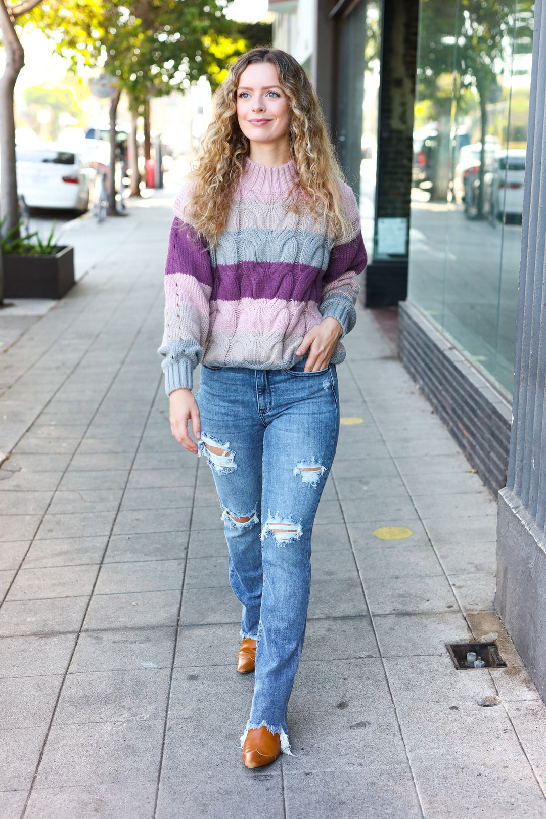 Fall For You Mauve Multicolor Stripe Cable Knit Mock Neck Sweater-Haptics-[option4]-[option5]-[option6]-[option7]-[option8]-Shop-Boutique-Clothing-for-Women-Online