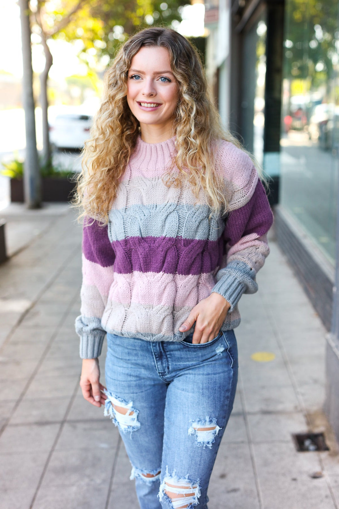 Fall For You Mauve Multicolor Stripe Cable Knit Mock Neck Sweater-Haptics-[option4]-[option5]-[option6]-[option7]-[option8]-Shop-Boutique-Clothing-for-Women-Online