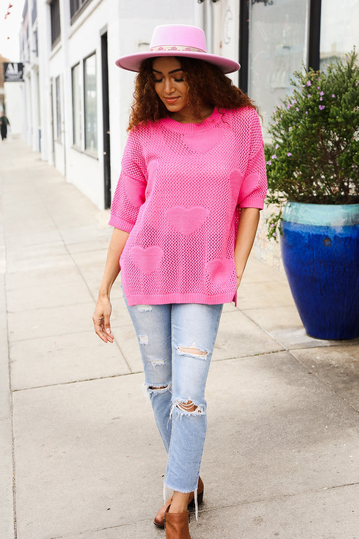 Can't Look Away Pink Heart Netted Crochet Sweater Top