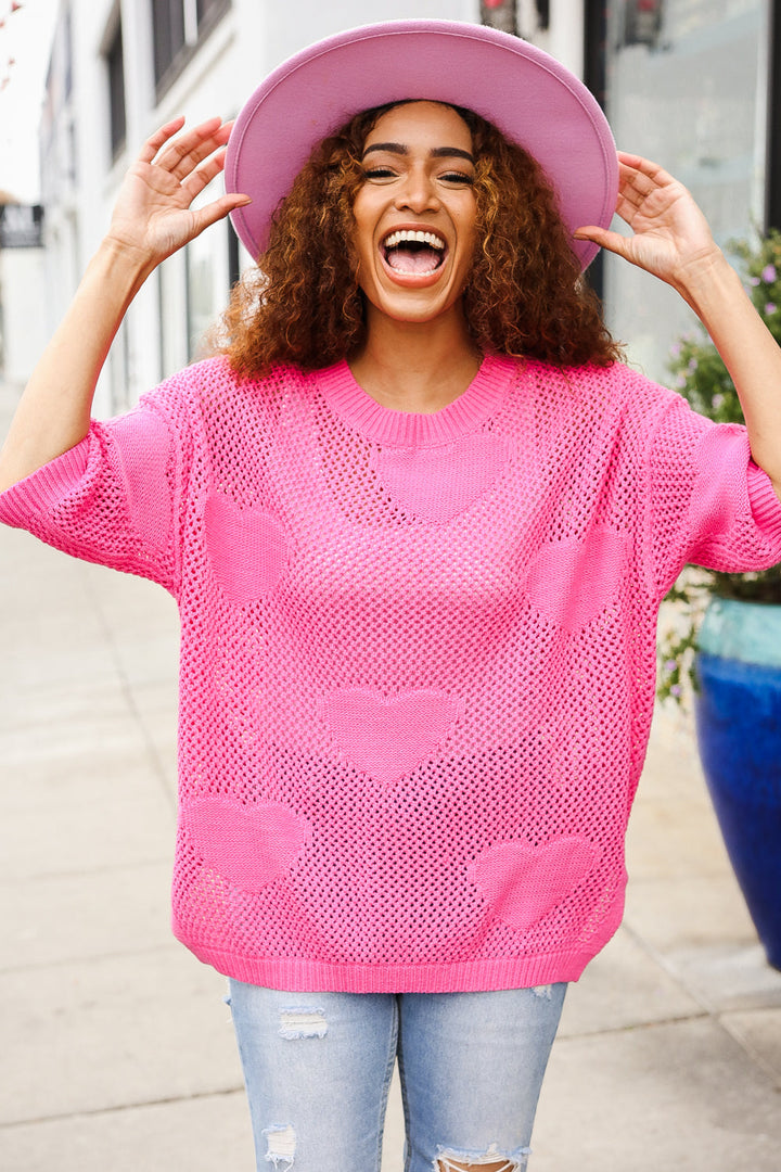 Can't Look Away Pink Heart Netted Crochet Sweater Top