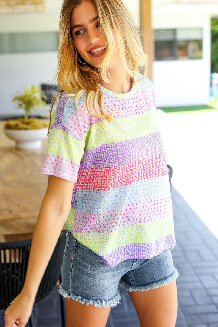 Stand Out Lavender & Pink Striped Textured Waffle Knit Top-Haptics-[option4]-[option5]-[option6]-[option7]-[option8]-Shop-Boutique-Clothing-for-Women-Online