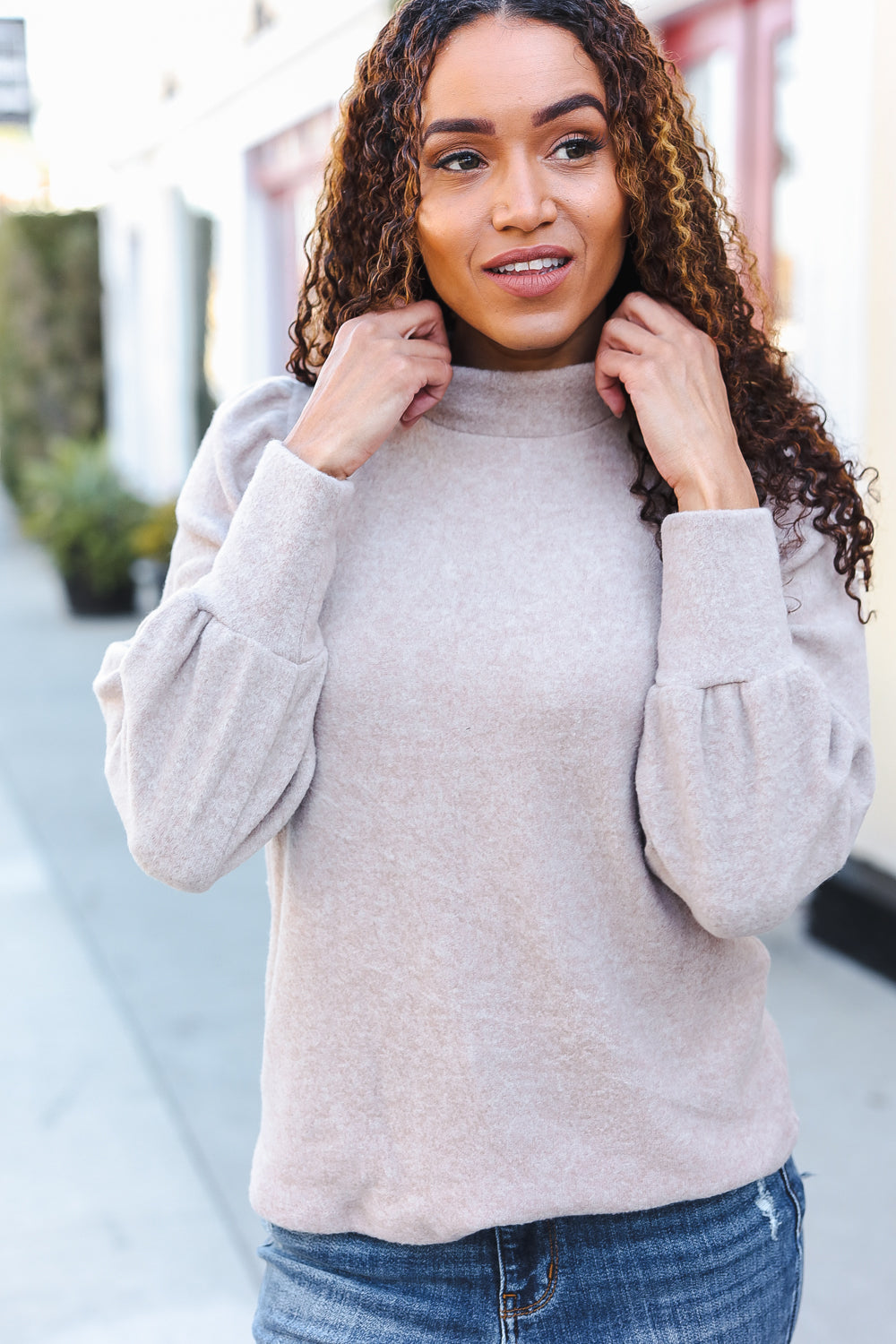 Zenana Stay Awhile Taupe Brushed Melange Puff Short Sleeve Sweater-Zenana-[option4]-[option5]-[option6]-[option7]-[option8]-Shop-Boutique-Clothing-for-Women-Online