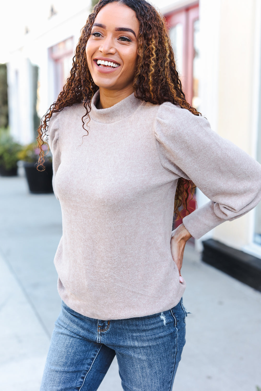 Zenana Stay Awhile Taupe Brushed Melange Puff Short Sleeve Sweater-Zenana-[option4]-[option5]-[option6]-[option7]-[option8]-Shop-Boutique-Clothing-for-Women-Online