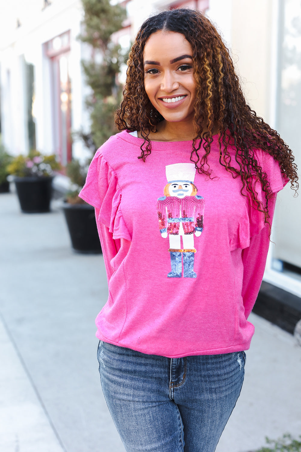 Holiday Hot Pink Sequin Nutcracker Ruffle Hacci Sweater-Haptics-[option4]-[option5]-[option6]-[option7]-[option8]-Shop-Boutique-Clothing-for-Women-Online