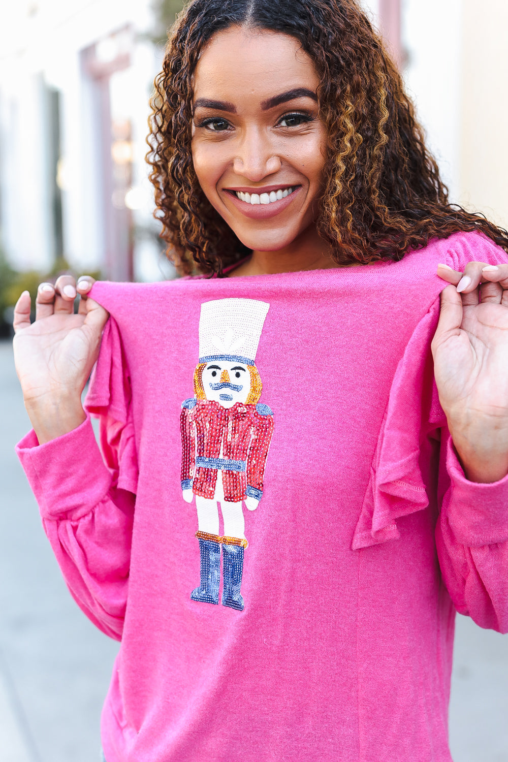 Holiday Hot Pink Sequin Nutcracker Ruffle Hacci Sweater-Haptics-[option4]-[option5]-[option6]-[option7]-[option8]-Shop-Boutique-Clothing-for-Women-Online