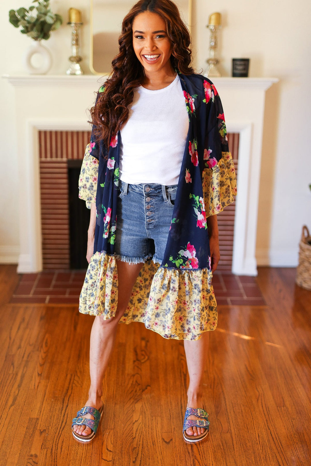 Navy & Yellow Colorblock Floral Chiffon Ruffle Kimono-Haptics-[option4]-[option5]-[option6]-[option7]-[option8]-Shop-Boutique-Clothing-for-Women-Online