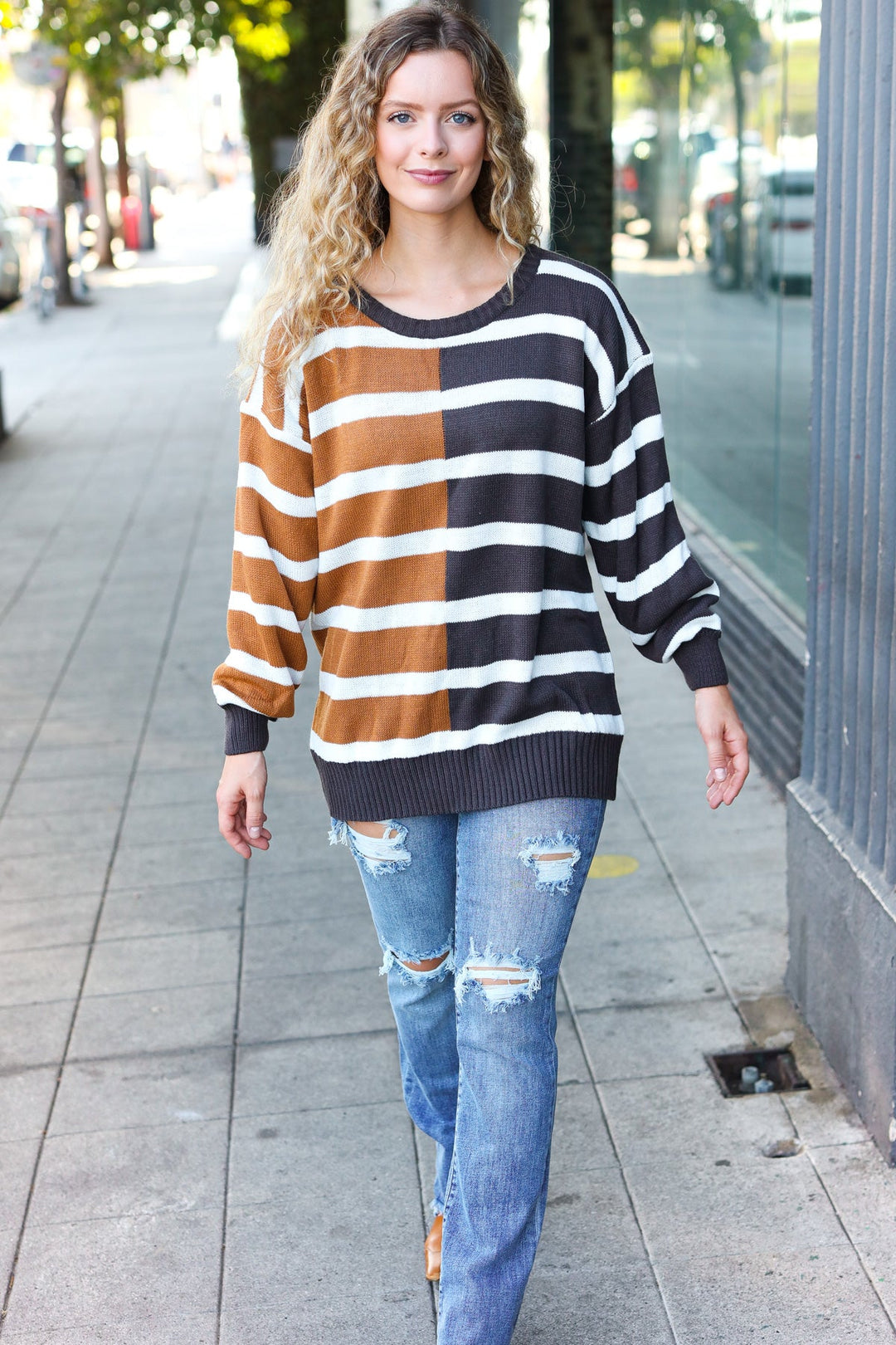 Camel & Charcoal Striped Color Block Sweater-Haptics-[option4]-[option5]-[option6]-[option7]-[option8]-Shop-Boutique-Clothing-for-Women-Online