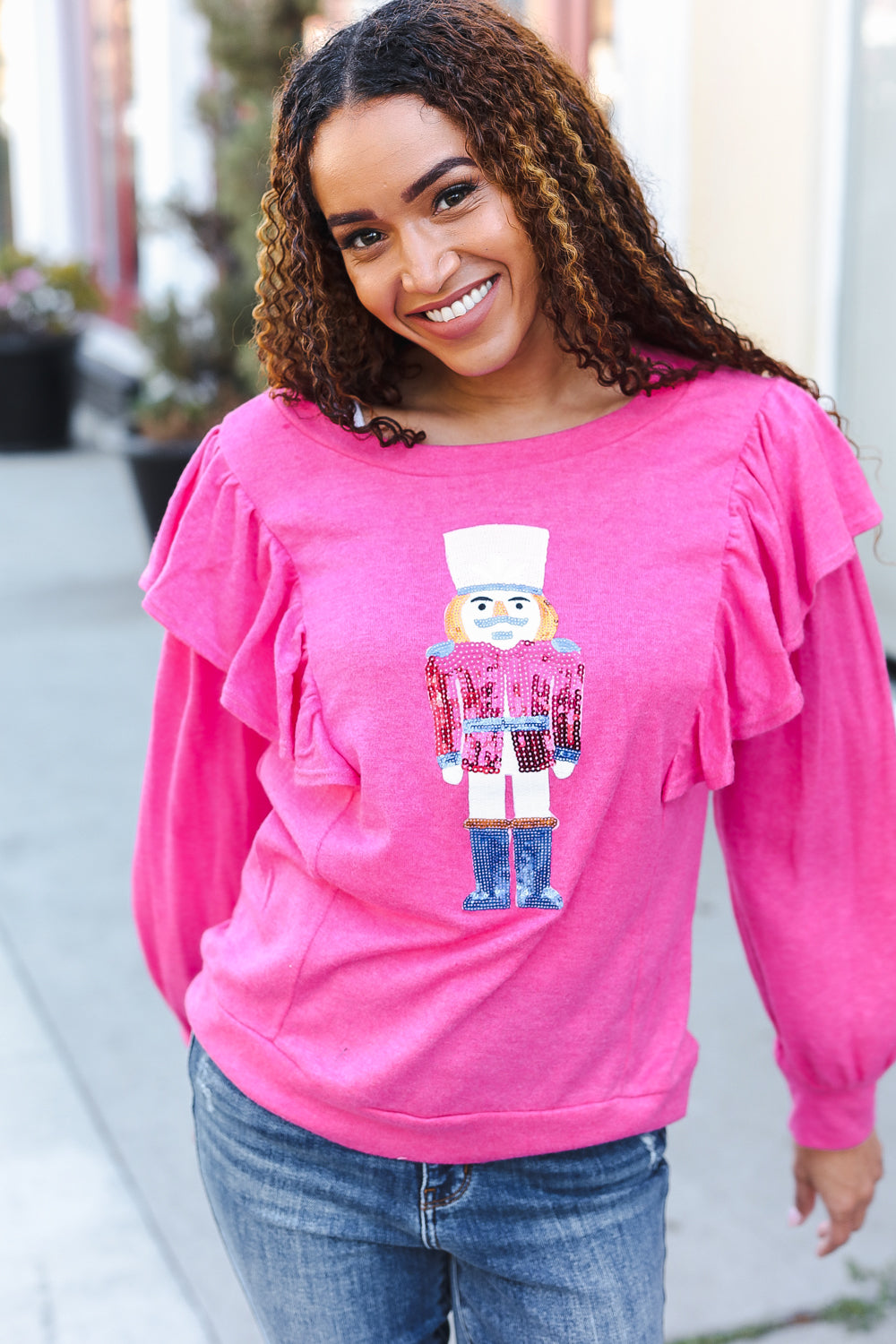 Holiday Hot Pink Sequin Nutcracker Ruffle Hacci Sweater-Haptics-[option4]-[option5]-[option6]-[option7]-[option8]-Shop-Boutique-Clothing-for-Women-Online