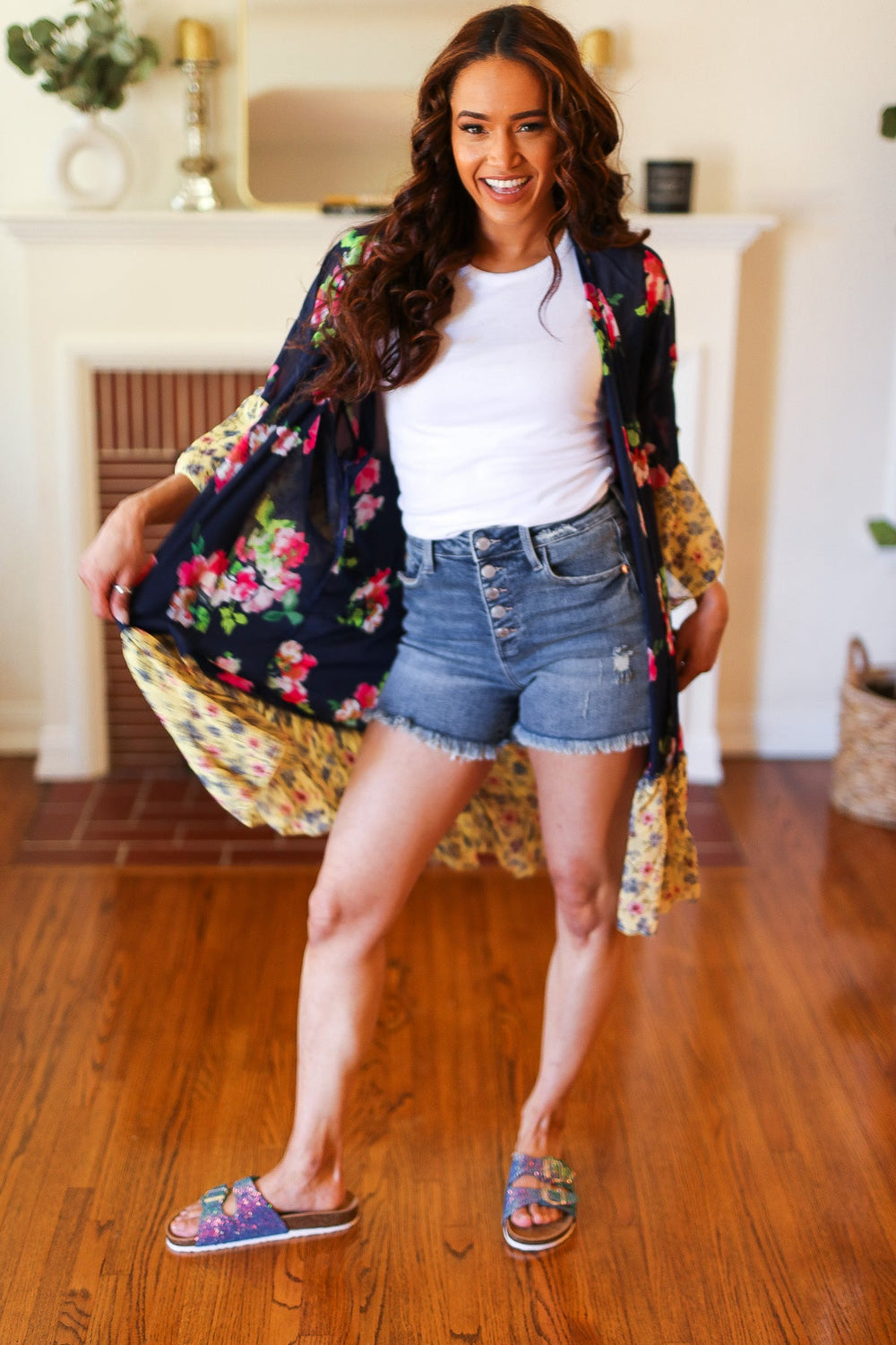 Navy & Yellow Colorblock Floral Chiffon Ruffle Kimono-Haptics-[option4]-[option5]-[option6]-[option7]-[option8]-Shop-Boutique-Clothing-for-Women-Online