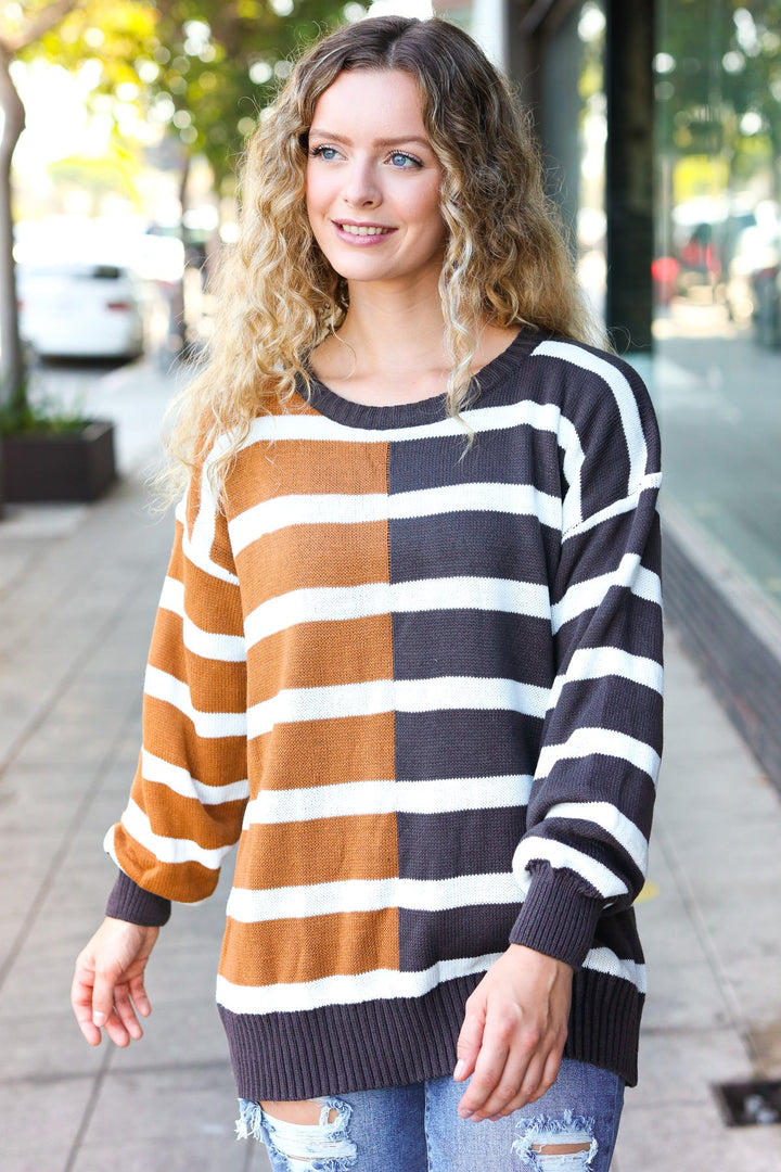 Camel & Charcoal Striped Color Block Sweater-Haptics-[option4]-[option5]-[option6]-[option7]-[option8]-Shop-Boutique-Clothing-for-Women-Online