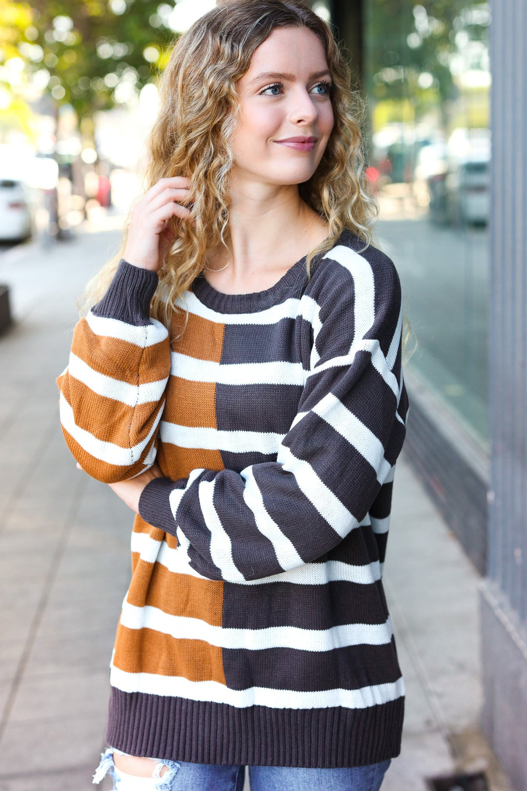 Camel & Charcoal Striped Color Block Sweater-Haptics-[option4]-[option5]-[option6]-[option7]-[option8]-Shop-Boutique-Clothing-for-Women-Online