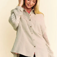 Davi & Dani Crochet Sleeve Crinkled Texture Shirt-Blouses-Trendsi-[option4]-[option5]-[option6]-[option7]-[option8]-Shop-Boutique-Clothing-for-Women-Online