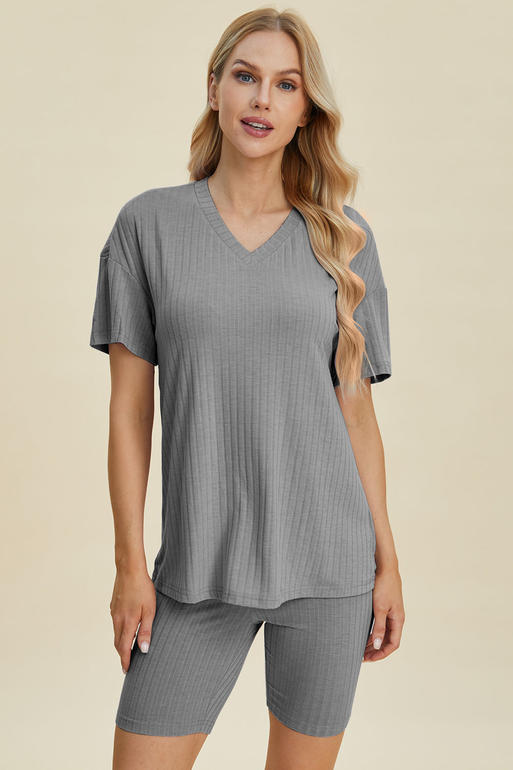 Basic Bae Ribbed V-Neck Short Sleeve Top and Shorts Set-Trendsi-[option4]-[option5]-[option6]-[option7]-[option8]-Shop-Boutique-Clothing-for-Women-Online