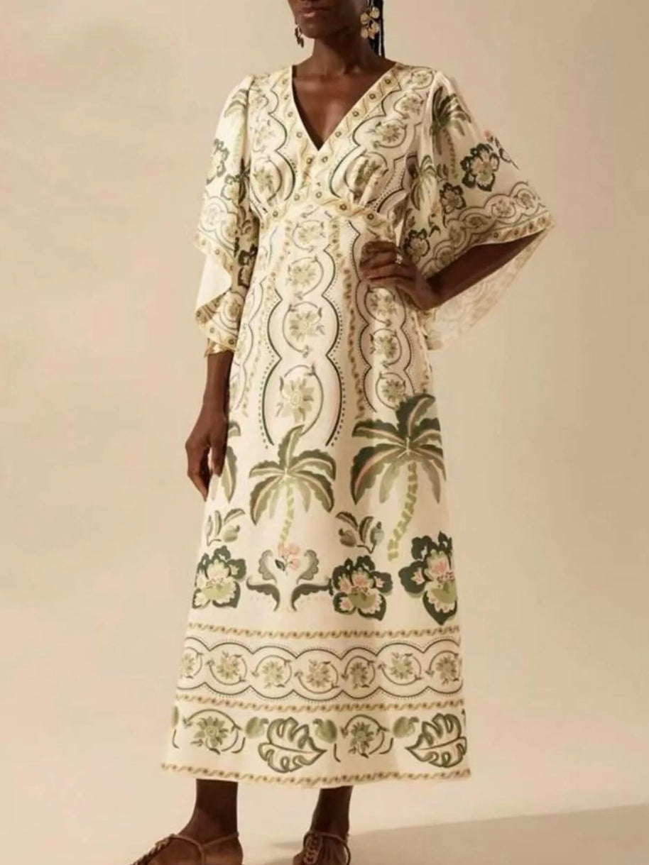 Palm Print V-Neck Midi Dress-Dresses-Trendsi-[option4]-[option5]-[option6]-[option7]-[option8]-Shop-Boutique-Clothing-for-Women-Online
