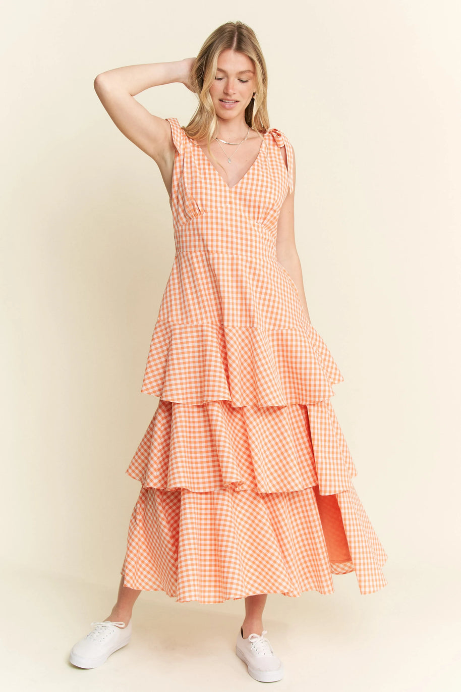 Jade By Jane Sleeveless Gingham Print Tiered Midi Dress-Dresses-Trendsi-[option4]-[option5]-[option6]-[option7]-[option8]-Shop-Boutique-Clothing-for-Women-Online