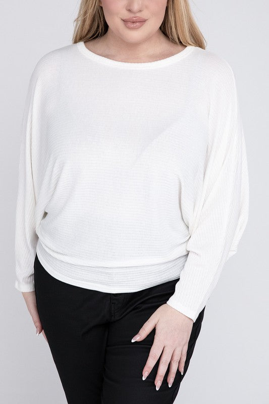 Zenana Plus Ribbed Batwing Long Sleeve Boat Neck Sweater-ZENANA-IVORY-1X-[option4]-[option5]-[option6]-[option7]-[option8]-Shop-Boutique-Clothing-for-Women-Online