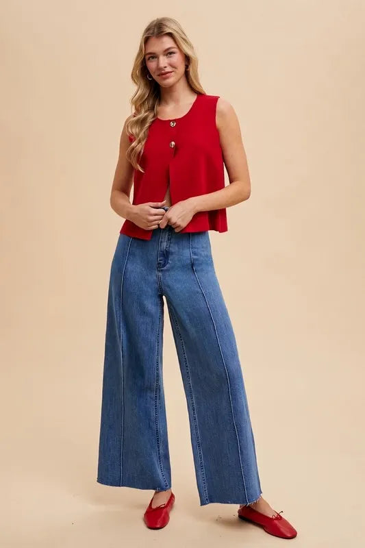 Annie Wear Metal Button Detail Crop Sweater Vest-Vest-Trendsi-[option4]-[option5]-[option6]-[option7]-[option8]-Shop-Boutique-Clothing-for-Women-Online