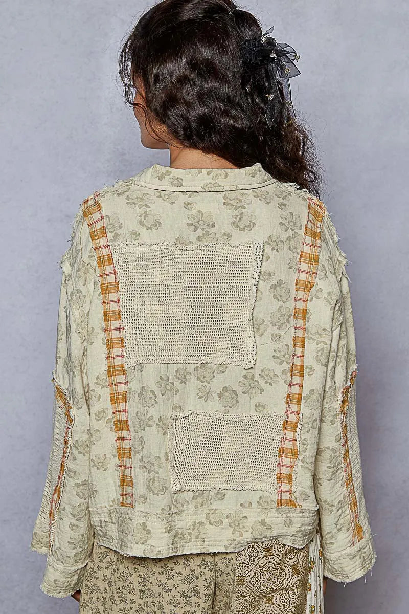 POL Raw Hem Zip Up Floral Jacket with Plaid and Crochet Patch-Jacket-Trendsi-[option4]-[option5]-[option6]-[option7]-[option8]-Shop-Boutique-Clothing-for-Women-Online